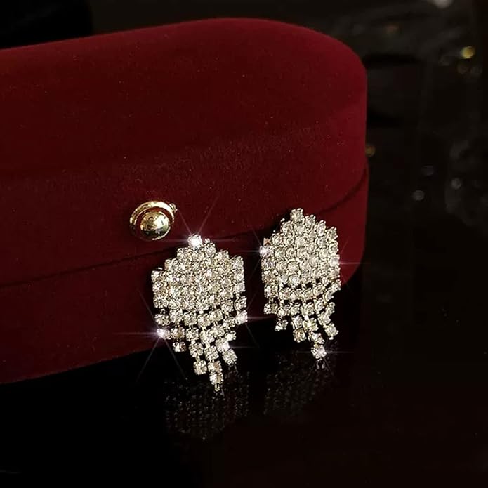 Luxval Rhinestone Earrings Dangling for Women Sparkly Silver Dangle Earrings Girls Long Chandelier Earrings Tassel Lightweight Ear Studs Cubic Zirconia Crystal Statement