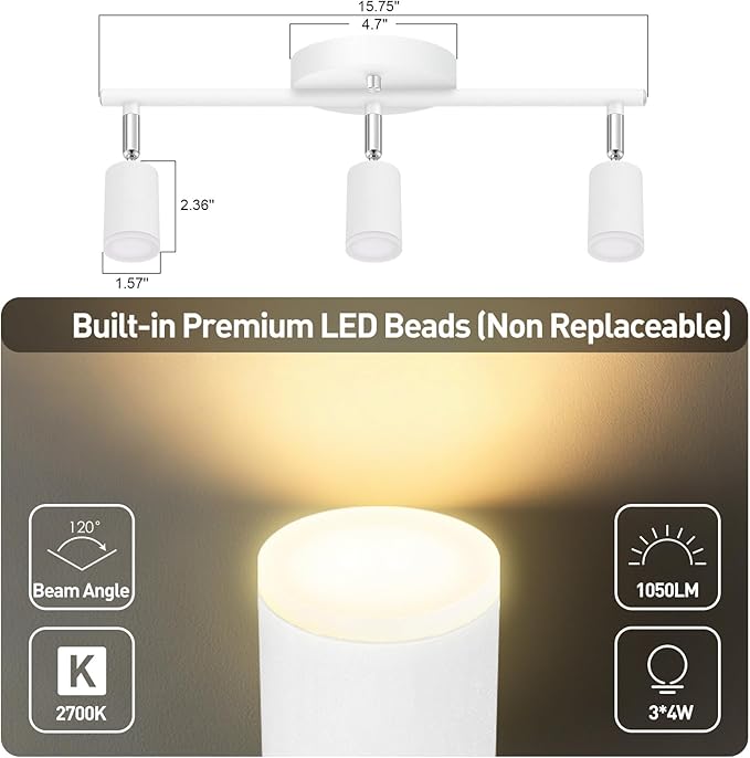 3 Light Track Lighting Fixtures Ceiling, 12W/2700K White Track Lighting with Acrylic Lampshade & Rotatable Light Heads, 20000hrs Lifespan, Modern LED Track Lights Ceiling for Kitchen/Hallyway