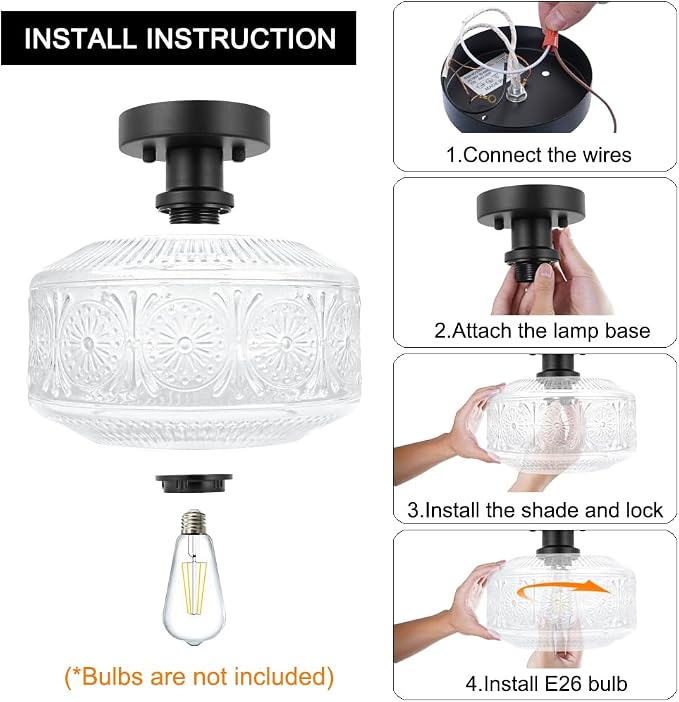 DSMJFU Semi Flush Mount Ceiling Light, Vintage Small Ceiling Light Fixture, Thickened Glass Hallway Lighting Fixture, Black Kitchen Ceiling Mount Light for Entry Way, Bedroom, Bathroom, Porch