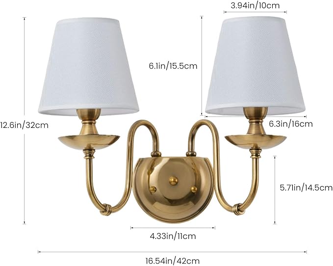 Aiwen 2-Light Bedroom Wall Lamps Polished Solid Brass Finish Wall Lights with White Flax Fabric Shade Vintage Reading Lights Wall Sconces for Bedside Hallway E12