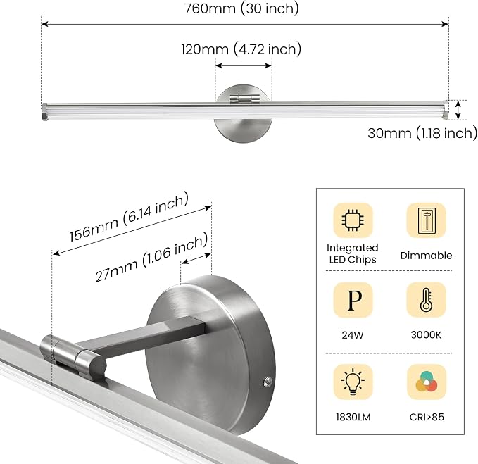 KAISITE Bathroom Light Fixture Over Mirror 30IN Brushed Nickel LED Vanity Light 24W 3000K Dimmable Modern Bathroom Wall Mount Lighting Fixture Rotatable Bath Vanity Light Bar