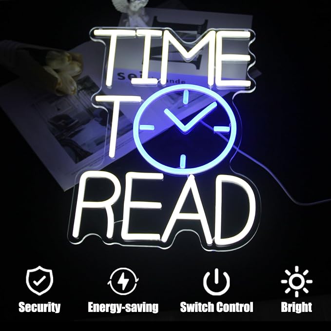 Time To Read Neon Sign Read Books Neon Lights for Bedroom Bookstore Decor | White Letter LED Signs, Blue Clock Neon Read Light Up Sign, Dimmable Acrylic Wall Art, USB Powered, Reading Corner Decor