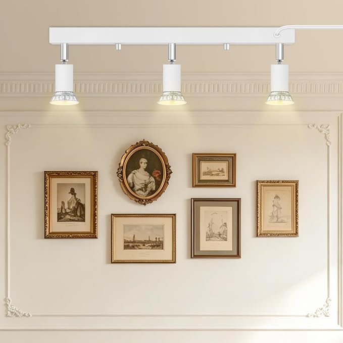 Plug in Track Lighting Kit 3 Light, White Track Light Fixture with Switch and Cord, Adjustable Spotlight Track Head for Kitchen Closet Gallery Wall Wash, Modern Linear Ceiling Light Bar,15ft Cord