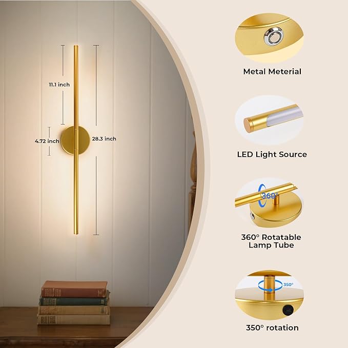 Battery Operated Wall Sconces Set of 2, 10000mAh Wireless Rechargeable Wall Lights Dimmable Detachable Wall Lamp with Remote Control, 3000K-6500K Dimmable Wall Sconce 28.3 Inch Gold