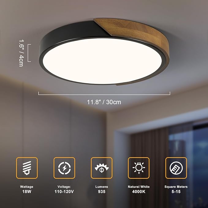 Modern LED Ceiling Light, Brown Walnut Wood Flush Mount Ceiling Light Fixture, 4000K Not Dimmable, Minimalist Circle Lighting Lamp with Acrylic Lampshade for Bedroom Laundry Room Hallway 11.8"