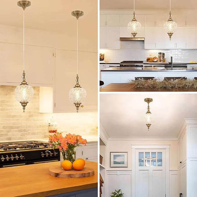 Vintage Pendant Lights Kitchen Island Set of 2, Brass Bathroom Pendant Light with Small Detachable Glass, Modern Classic Adjustable Hanging Light for Kitchen, Hallway, Table, G9 Base, Brown Bronze
