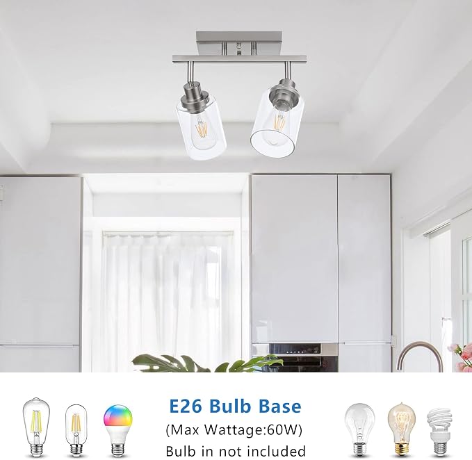 MELUCEE 2 Light Rotatable Track Lighting Kit Spotlight Brushed Nickel | Semi Flush Mount Ceiling Light Bathroom Lights Wall Scone for Hallway Porch Foyer Bath Storage, Clear Glass Shade