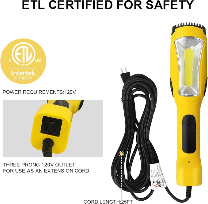 LED Work Light (25FT), 1600LM COB LED Trouble Light with Cord 16 Gauge SJTW, Swivel Hook, Strong Magnet, ETL Listed, Suitable for Mechanic, Garage, Workshop, Car Repair (Yellow)