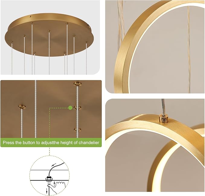 High Ceiling Chandelier 10 Ring Gold Foyer Chandeliers Entryway Long Modern LED High Ceiling Light Staircase with Remote Control for Living Dining Room (98.5in 3000K-6500K)