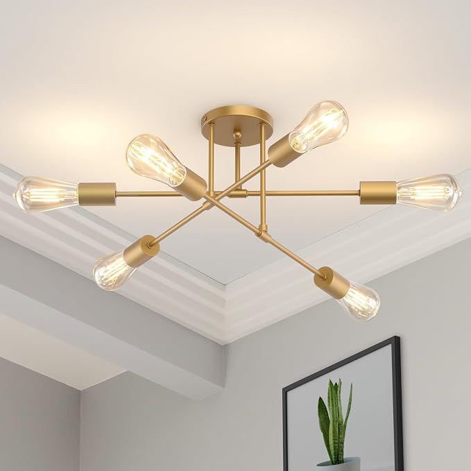 Modern Sputnik Chandelier Ceiling Light Fixtures, 6-Lights 22” Mid Century Industrial Metal Semi Flush Mount for Dining Room, Bedroom, Living Room-Gold