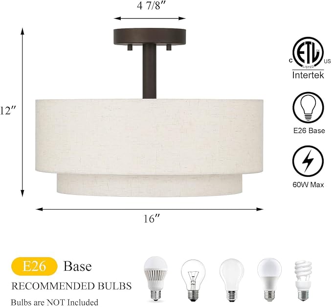 XiNBEi Lighting 16" Linen Drum Semi Flush Ceiling Light for Dining, Bronze | 3-Light Fixture Ceiling Mount, Fabric Shade, Modern Close to Ceiling Light, For Bedroom Living Room Kitchen Entryway