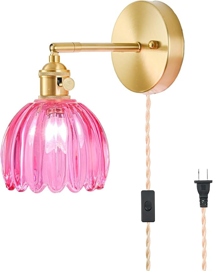 Plug in Wall Sconce, Vintage Sconce Light with Tulip Ruby Red Glass Lampshade, Bedside Wall Sconce with Switch and Plug in Wall Lamp Cord, Gold Wall Light for Bedroom