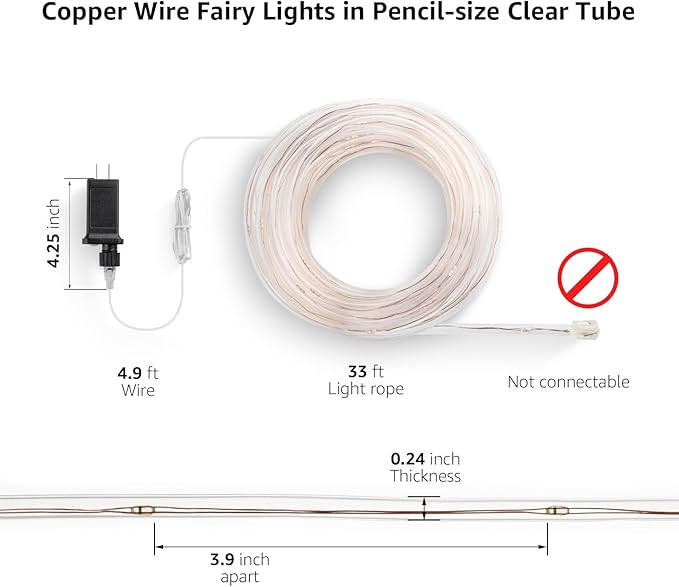 Lighting EVER 33ft Thin Rope Lights Outdoor Waterproof, 6000K Cool White | 1/4" Pencil-Thin Clear Tube, 100 LED Copper Wire Lights, Plug-in Outdoor Decor for Railing Fence Balcony, Not Connectable