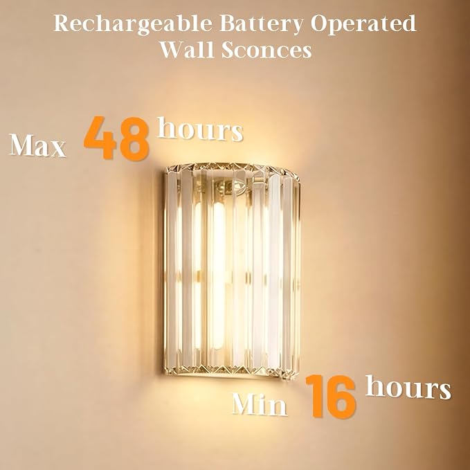 Brushed Nickel Battery Operated Wall Sconces Set of 2, Crystal Wireless Wall Light with Remote, Rechargeable Cordless Wall Lamp 12 RGB and 3 CCT Dimmable Decor for Bedroom Living Room