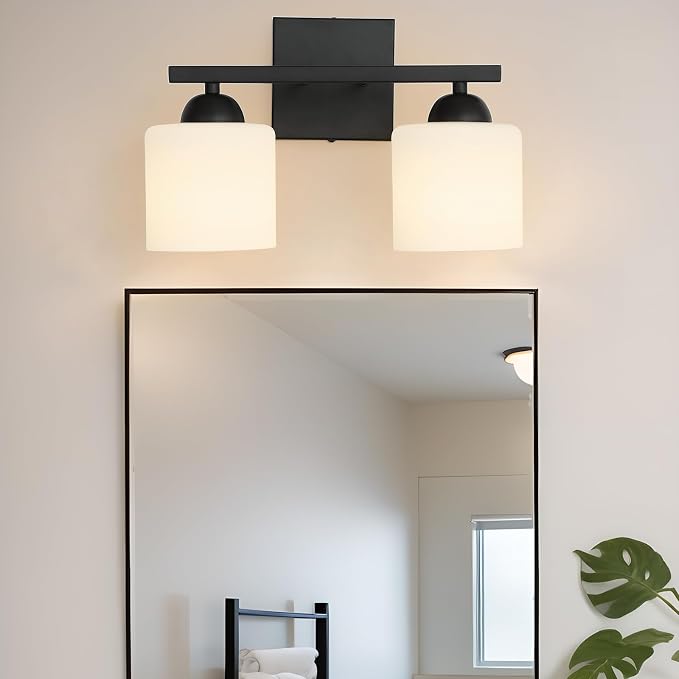 2-Light Matte Black Vanity Light, Modern Bathroom Light Fixtures Over Mirror, Vanity Light with Milky White Glass Shades, Farmhouse Black Wall Sconce, E26 Socket