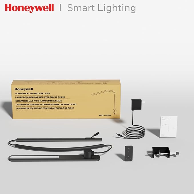 Honeywell HJ2 Gooseneck LED Desk Lamp with Clamp, CRI≥97 Full Spectrum Eye-Caring Light, 16" Flexible Metal Arm, 3-Color Dimming with Magnetic Remote for Home Office, Artists, Reading (Black)
