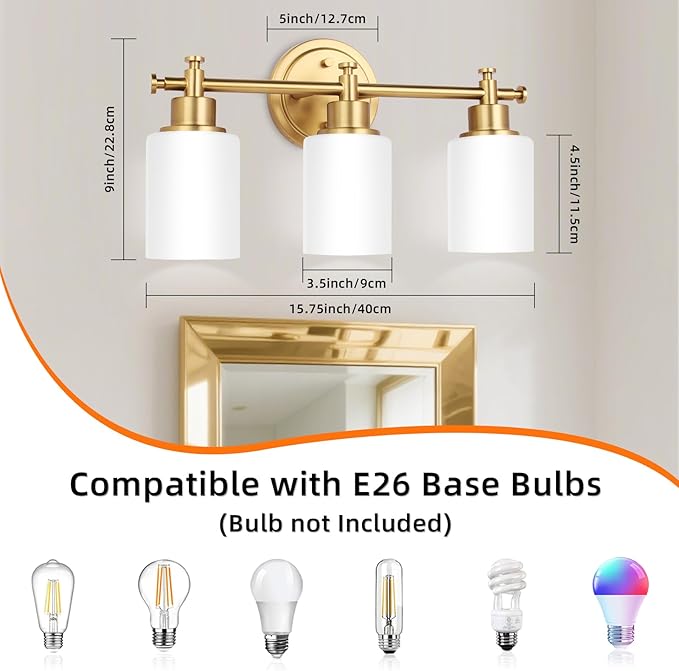 3-Light Gold Bathroom Vanity Light Fixtures, Brushed Gold Wall Sconce, Champagne Gold Vanity Light with Milky White Glass Shade Over Mirror, Bathroom, Bedroom, Modern Style, E26 Base