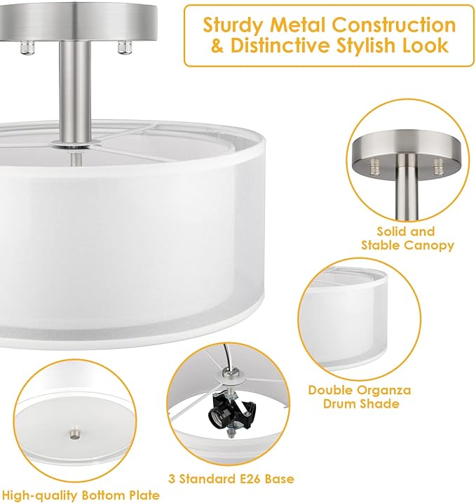 FOLKSMATE 3-Light Semi Flush Mount Ceiling Light Fixture, 16 Inch Drum Light with Double Fabric Shade, Modern Close to Ceiling Lamps for Dining Room Kitchen