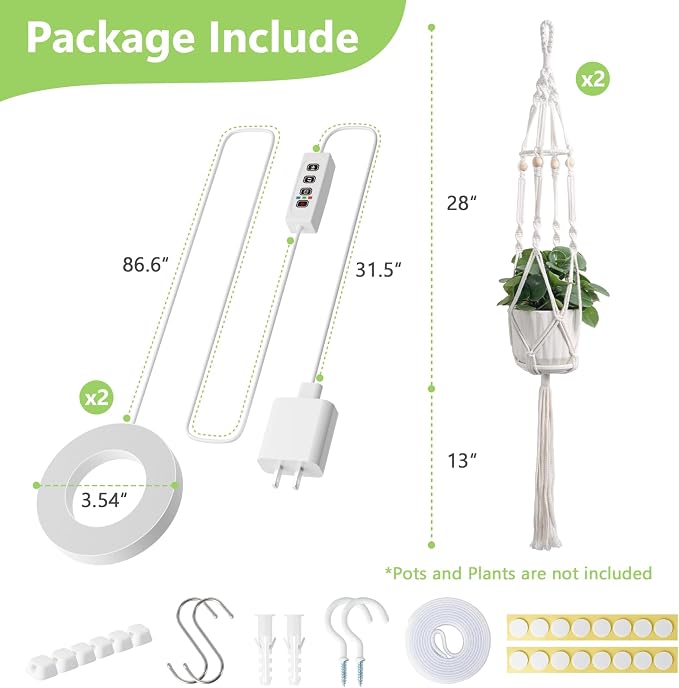 2 Pack Macrame Plant Hanger with Grow Light for Indoor Plants | 10 Brightness, 3 Light Modes, 3/9/12H Timer, Fits 5-9 in Pots, Cotton Rope, Boho Decor, Pots Not Included