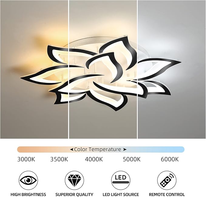 Garwarm 33.4" Modern LED Low Profile Flush Mount Ceiling Light, Dimmable | Black Flower Petal Ceiling Light with Remote, Acrylic, 3000K-6500K, Memory for Kitchen, Living Room, Bedroom, Dining Room
