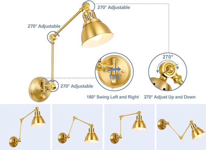 1 Pack Plug in Wall Sconce with Remote, Dimmable, Adjustable Colors, Swing Arm Wall Lamp, Plug in Wall Light with Timer & Night Light (Gold, with Bulb+Remote)