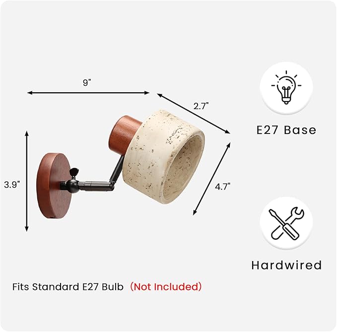 Faux Travertine Wall Sconce, 4.7" Hardwired Wall Mounted Light, 180° Rotatable Mid Century Modern Marble Lamp for Bedroom, Bedside, Reading (E26 Bulb Not Included)