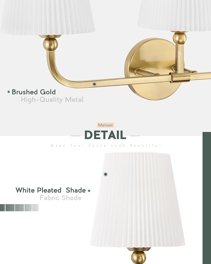 3-Light Brushed Gold Bathroom Vanity Light, Pleated Fabric Shade | 24.75" 3-light gold double wall sconce with white pleated fabric shades, E26 bulbs, hardwired, upward only, VL837-BG-Z-3