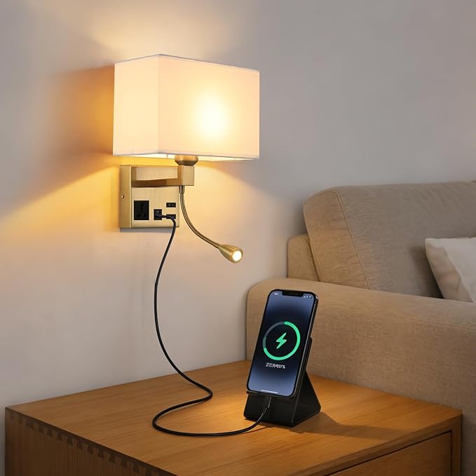 Wall Lamp for Bedroom Living Room Office Hotel, Plug in Wall Sconce with AC Outlet & USB Charging Port, Wall Mount Reading Light 360°Adjustable, Gold Headboard Lamp With 3 Color Temperature