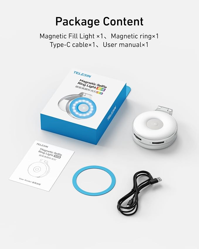 TELESIN 4-in-1 RGB Selfie Light with Mirror for Phone | 4 in 1 Magnetic RGB Light with Makeup Mirror and Phone Stand, Rechargeable Clip-On Light for TikTok, Vlog, Selfie, Makeup