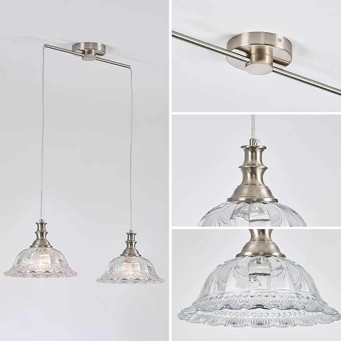 HDDFL 2 Light Pendant Light Fixtures Modern Glass Hanging Lights with Adjustable Cord for Kitchen Island Dining Room Living Room Hallway Brushed Nickel Metal
