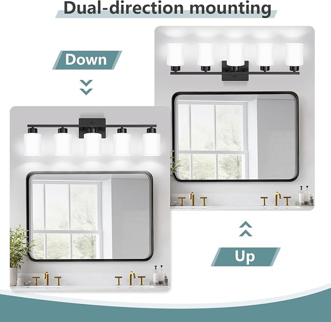 Black Bathroom Light Fixtures Vanity Lighting Over Mirror | 5-Light Modern Wall Sconces with Milky White Frosted Glass Shades for Restroom (E26 Socket)