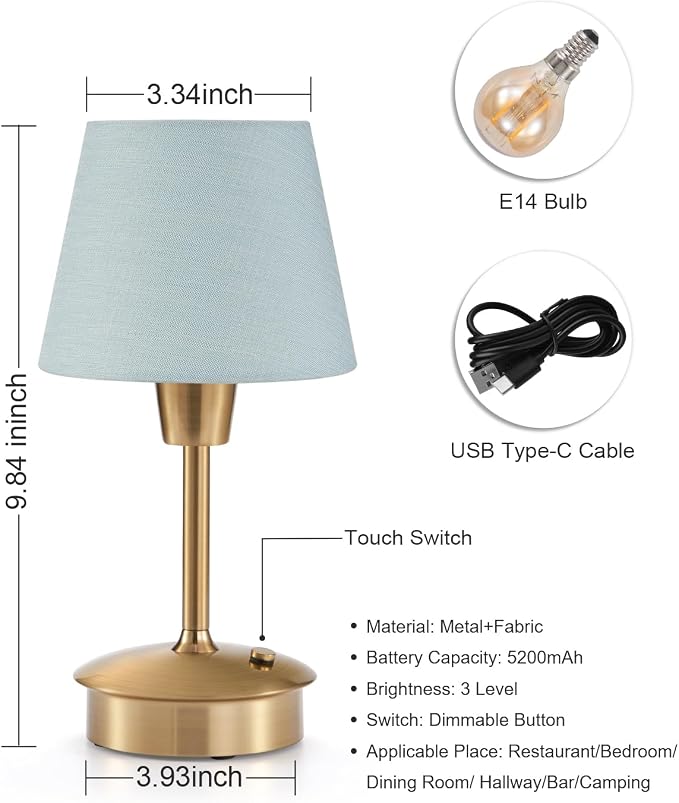 UMEXUS 2 Pack 9.8'' Small Cordless Table Lamp, Battery Operated Touch Lamps | Rechargeable 5200mAh Warm Light for Restaurant, Dimmable Portable Night Light for Bedside Dining Kitchen Outdoor, Light Blue