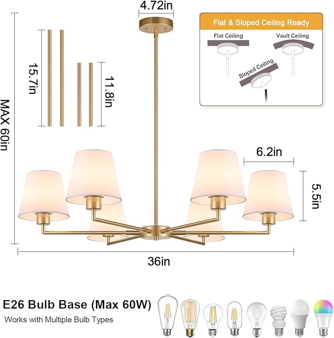 36" Gold Dining Room Light Fixture, No Assembly Required 6-Lights Kitchen Chandelier for Dining Room with White Fabric Shade, Chandelier Ceiling Light Fixture for Kitchen Island Bulb Not Included