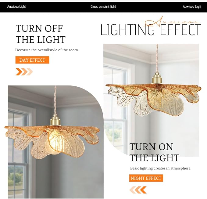 Modern Gold Brass Pendant Lights Kitchen Island, 15.74" Large Glass Pendant Light Mid Century Ceiling Hanging Lighting with Amber Hand Blown Glass Shade for Bedroom Dining Room