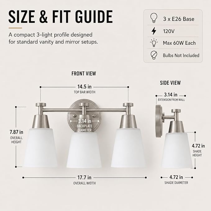 3-Light Bathroom Vanity Light, Brushed Nickel Finish with Milk Glass Shades, Over Mirror, for Bathroom Vanity