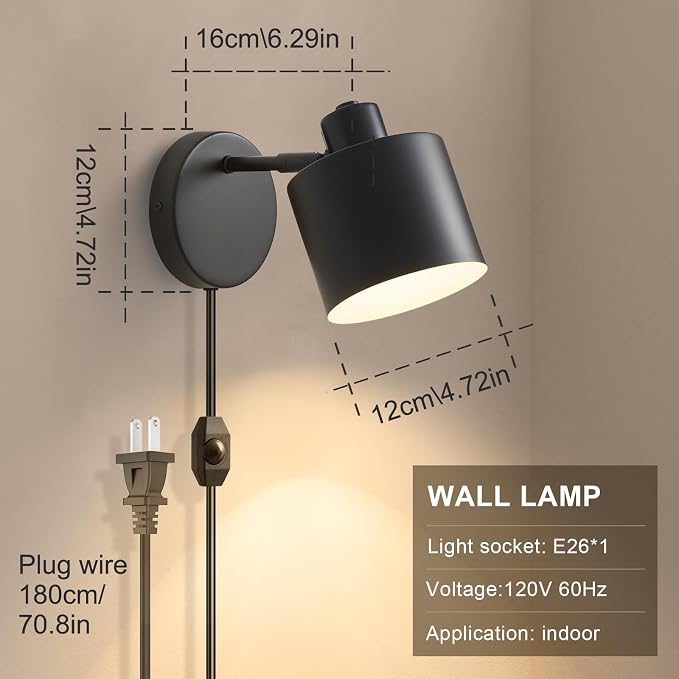 Lightess Black Plug in Wall Sconces Set of 2 Dimmable Corded with Switch | 350° Rotatable Lamp Head, Dimmable Corded Fixture With On Off Switch, Fits Bedside Kitchen Hallway; Bulbs Not Included