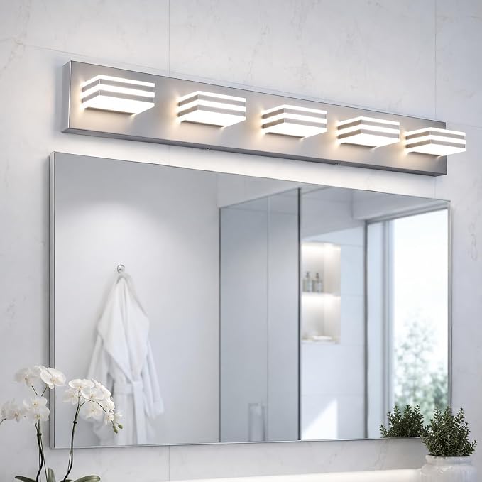 Yumecrelect 5-Light Brushed Nickel Vanity Light Fixture, 34 Inch 40W 5CCT Dimmable LED Bathroom Wall Light with Clear Acrylic Shade, Hardwired Over Mirror Lighting for Master Bath