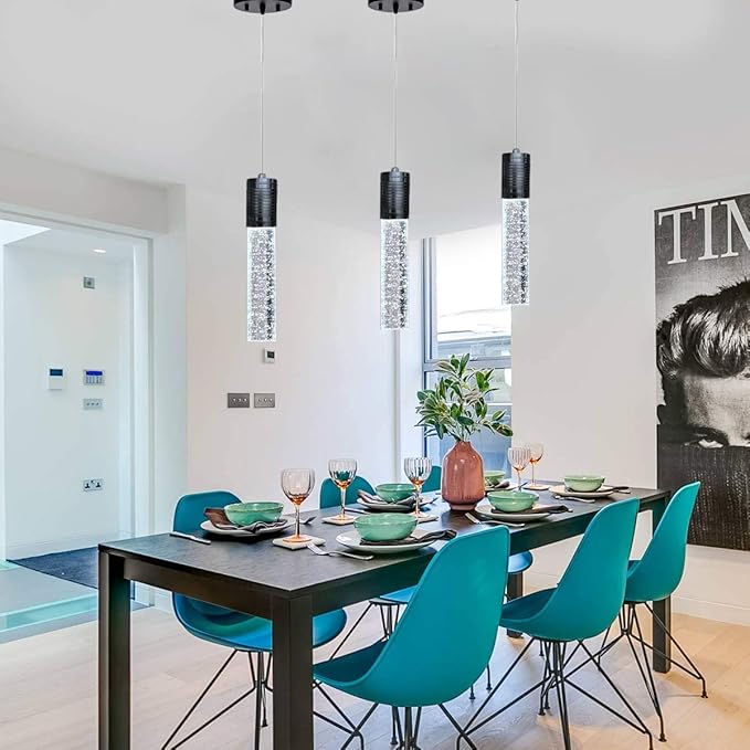 3 Lights Independent Kitchen Island Dining Room Lights Black Pendant Light Fixtures Linear Chandeliers 3 Pendant Lights for Kitchen Island Modern Pendant Light Fixtures, Day Light Bulbs Included