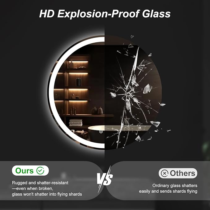 Sweetcrispy 30 Inch Round LED Mirror for Bathroom with Lights, Circle Vanity Mirror with Anti-Fog, Dimmable, 3-Color Light, Memory Function, Tempered Glass