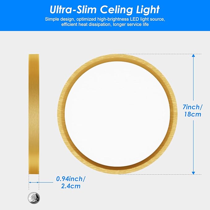 Peasur 7 Inch LED Ceiling Light Gold, 15W Slim Flush Mount Ceiling Light 3000K/4000K/6500K Adjustable, Modern Round Ceiling Lighting for Bedroom, Living Room, Kitchen (2-Pack)
