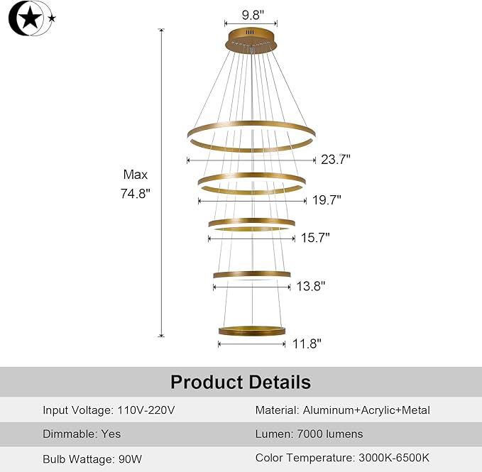 5-Rings Modern LED Chandelier Gold Dimmable High Ceiling Chandelier for Dining Room with Remote Control for Foyer Living Room Entryway Staircase(D23.6’’, 3000K-6500K)