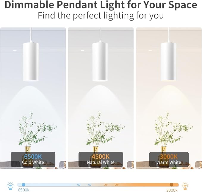 4" Pendant Lights Kitchen Island, 25W Cylinder Hanging Lights with Dipswitch, Modern Eye Care Led Pendant Lamp fixtures for Bedroom, Living Room, Office (White, 1 Pcs)