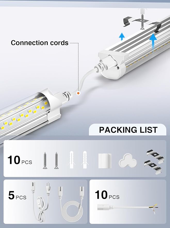 ELEKICO 6 Pack 50w 4ft Led Shop Light, Super Bright 7500lm 5000k V Shape 4' Led Shop Lights, Linkable 4 Foot Led Shop Lights for Garage Warehouse, Supermarket, Basement, Barn, Storage Area