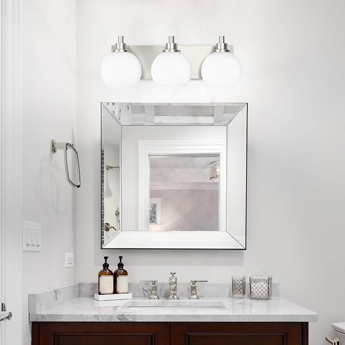 IZORRO Bathroom Light Fixtures, 3-Light Brushed Nickel Vanity Light, Modern Wall Sconces with Globe Milk White Glass Shade, Vanity Lighting Fixtures Over Mirror,E26 Bulb Socket