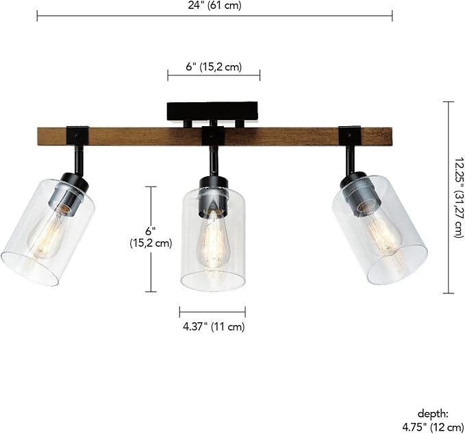 Globe Electric Austin 3-Light Faux Wood Track Lighting with Matte Black Accents and Clear Glass Shades