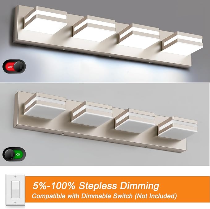 Bathroom Lights Fixtures Over Mirror, 360°Rotate Modern LED Vanity Lights for Bathroom, 32W Dimmable & High CRI Acrylic Wall Lighting, No Assembly Required (Brushed Nickel, 4-Light, 24 Inch)