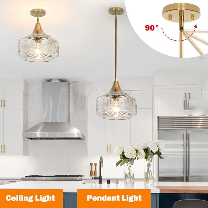9'' Vintage Gold Pendant Light with Clear Glass, Adjustable Pendant Lighting for Kitchen Island Brushed Pendant Lights Convertible Ceiling Mount Or Hanging Fixture for Hallway Bathroom,Brown Bronze