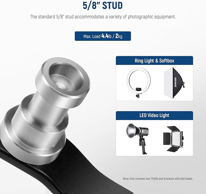 NEEWER 2 Pack T Type Wall Ceiling Mount, Ring Light Wall Mount Bracket with Detachable Ball Head, 5/8" Stud, 1/4" Screw for Flash Strobe Camera Monitor Studio Lighting, Max Load: 4.4lb/2kg, TS008