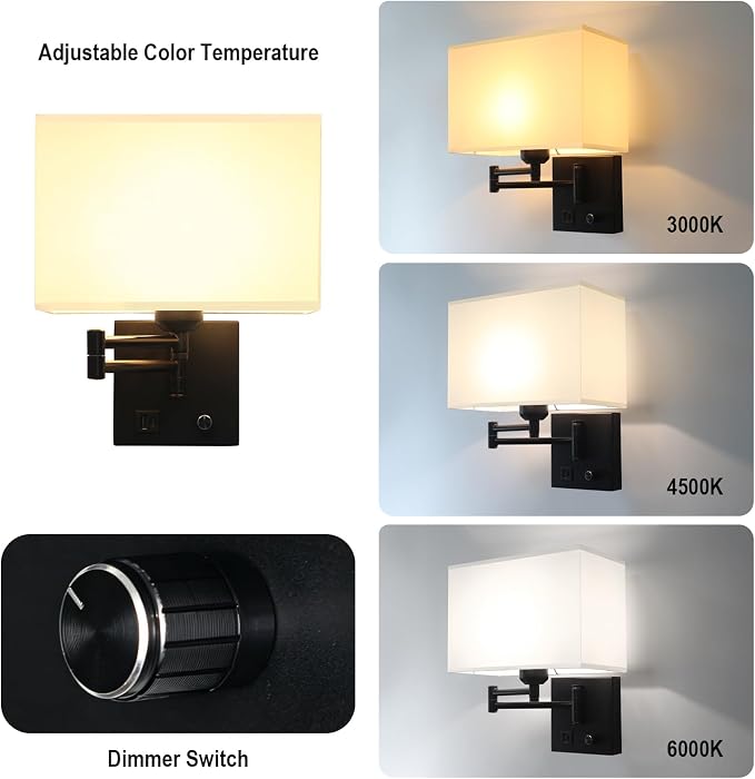 Plug in Wall Lamp for Living Room Bedroom Bedside, Bulb Included | Wall Sconce with USB C+A Charging Ports, Adjustable Swing Arm 270°, Adjustable Color Temperature, White Square Lampshade
