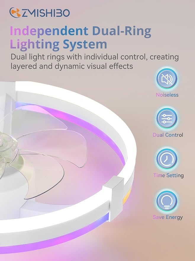 ZMISHIBO 20" RGB Low Profile Ceiling Fans with Lights and Remote, White | Custom RGB+3CCT Dimmable, 6 Speeds, Remote/App Control, Reversible DC Motor, Memory, Timer, Modern Fandelier for Kids/Bedroom